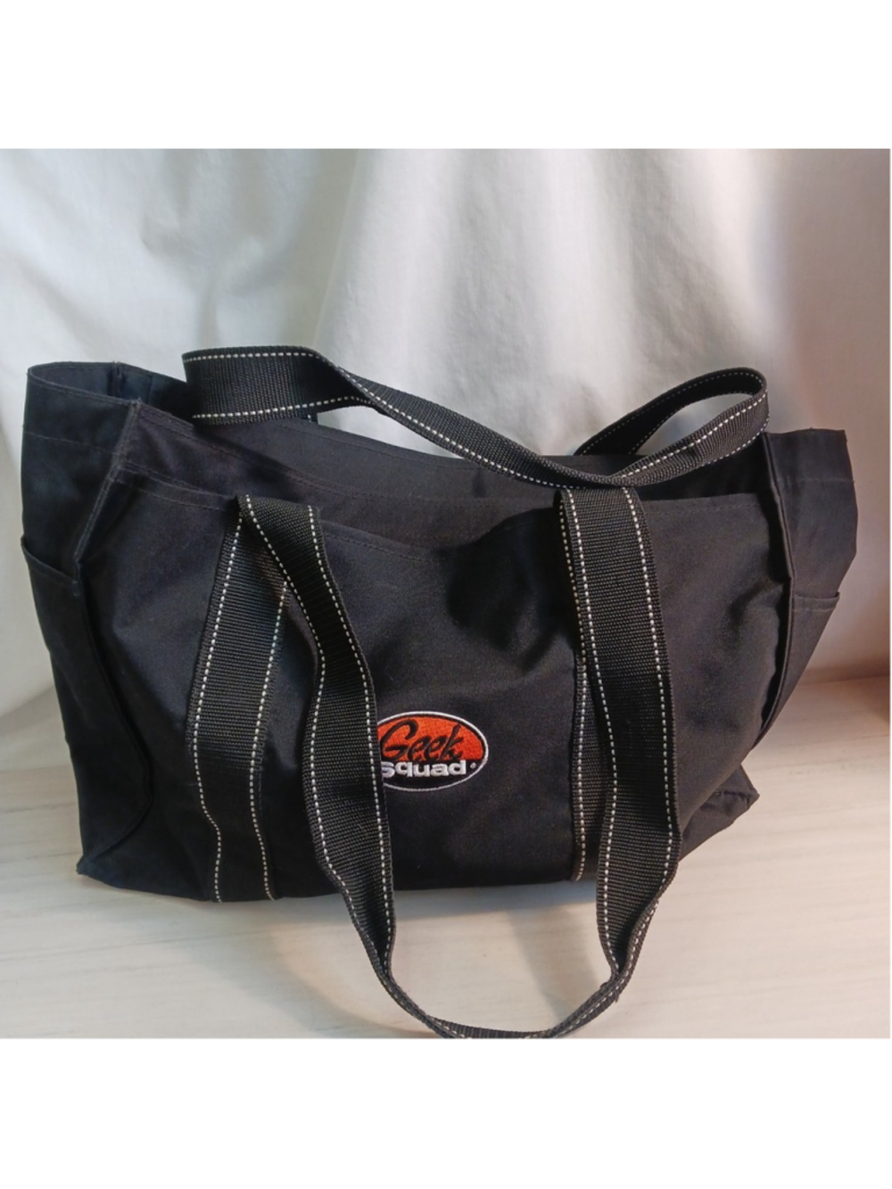 Geek Squad Black Square Tote Zip Top, Side Pockets Sturdy Flat Bottom